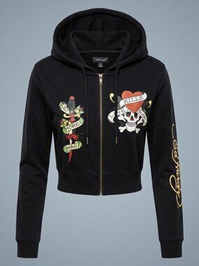Ed Hardy Love Kills Slowly Skull Cropped Zip Hoodie Y2K Tattoo Streetwear Size M